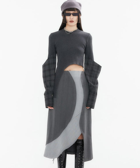 Asymmetric Plaid Sleeve Knit Top
